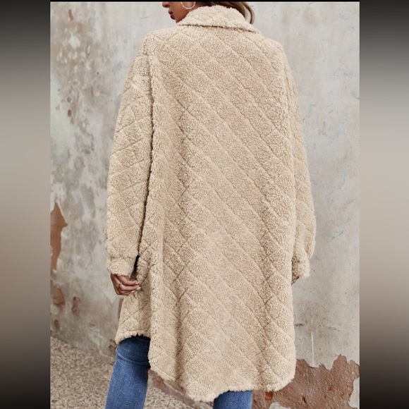 New Flap Detail Drop Shoulder Teddy Coat Shacket Button Down Long Sleeve Warm - Picture 3 of 16